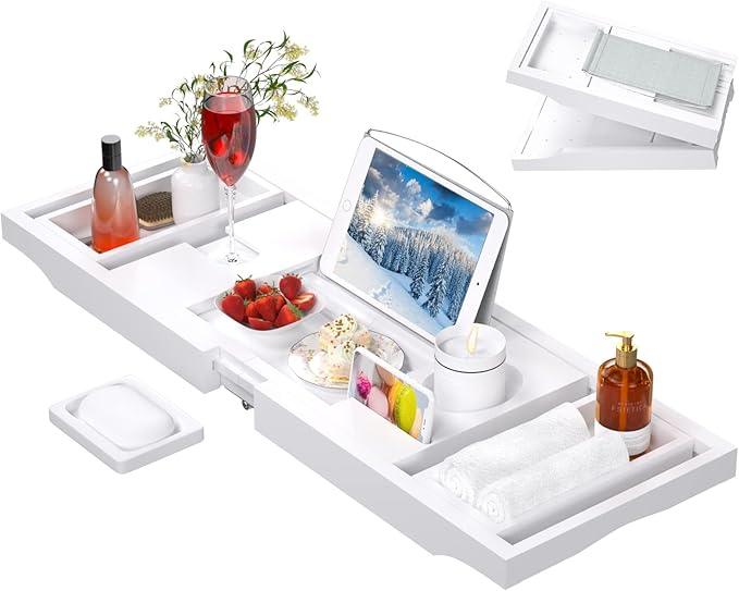 Artmalle Bathtub Caddy Tray - Expandable and Foldable Bath Tray for Tub, Luxury Bamboo Bath Caddy Tub Table, Bathtub Accessories with Book Holder and Free Soap Dish, White - ModernBath
