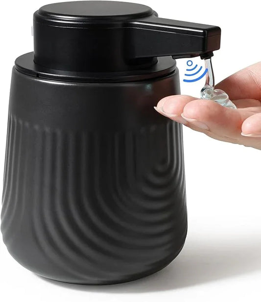 BosilunLife Ceramic Automatic Soap Dispenser with Extended Pump Nozzle, 3 Adjustable Levels, Touchless Lotion Hand Wash Liquid Soap Dispenser for Bathroom & Kitchen, Embossed Wave Design, Black, 10oz - ModernBath