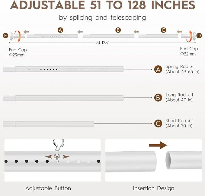 ZYKORT Tension Curtain Rod 51-128 In (4-10Ft), Outdoor Curtain Rod No Drilling for Patio Window, Shower Curtain Rod for Bathroom, Adjustable Spring Heavy Duty Tension Rod Renter Friendly, White - ModernBath