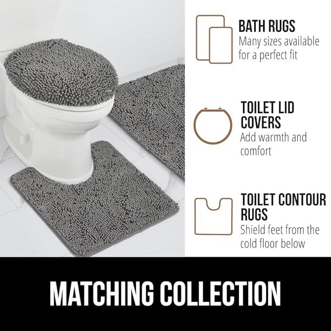 GORILLA GRIP Area Rug Sets 3 Piece, Bath Mat Set and Oval Toilet Base with Rubber Backing, Plush Absorbent Shaggy Chenille Washable Mats, Includes 24x19.5, 24x17 and 30x20 Inch Rugs, Grey - ModernBath