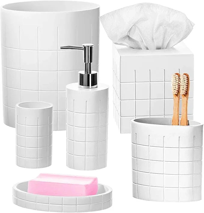 Creative Scents Polar White Bathroom Accessories Set with Trash Can - 6 Piece Bathroom Set Features: Waste Basket, Tissue Cover, Soap Dispenser, Toothbrush Holder, Tumbler and Soap Dish - ModernBath
