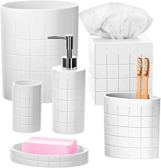 Creative Scents Polar White Bathroom Accessories Set with Trash Can - 6 Piece Bathroom Set Features: Waste Basket, Tissue Cover, Soap Dispenser, Toothbrush Holder, Tumbler and Soap Dish - ModernBath