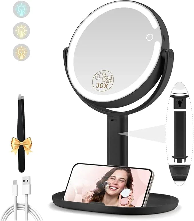 MOMOKUBA Makeup Mirror with Lights, Double Sided 1x/30x Magnifying Mirror with Light, Rechargeable 3 Color Lights and Adjustable Brightness, 360° Rotation Detachable Comes with Tweezer(Black) - ModernBath