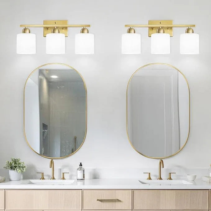 3 Light Gold Bathroom Light Fixtures, Modern Bathroom Vanity Lights with Milky White Frosted Glass Shades, Gold Vanity Mirror with Lights for Mirror Living Room E26 Base - ModernBath