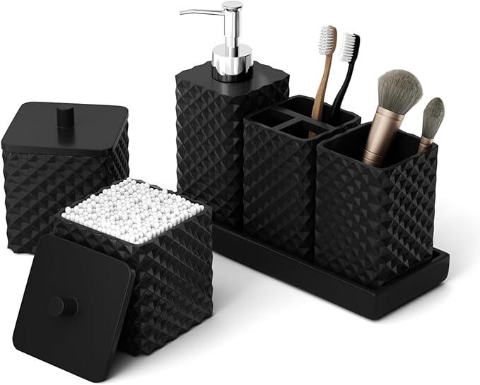 Bathroom Accessories Set Resin 6PCS, Square Toothbrush Holders Set Complete with Soap Dispenser, Vanity Tray, Tumbler, Cups and Cotton Swab Jars (Black Diamond, Resin Bath 6 PCS) - ModernBath