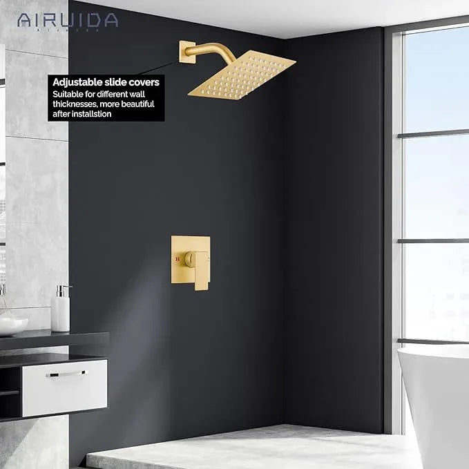 Airuida Shower Faucet Set Bathroom Rain Shower System SUS304 Stainless Steel Single Handle With Male Threads Rough-in Valve Shower Trim Kit 6 Inch Wall Mount Shower Head Brushed Gold - ModernBath