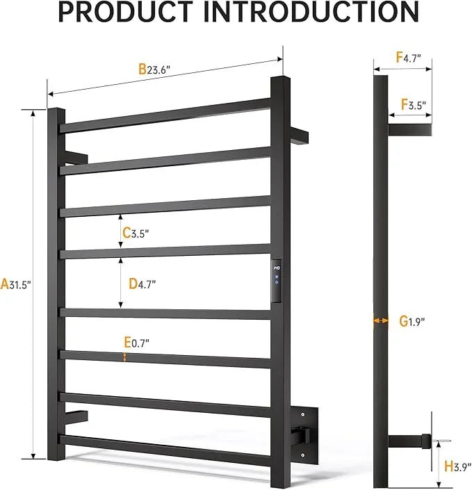Towel Warmer Rack, Heated Towel Racks for Bathroom, Wall Mounted Towel Warmer, Stainless Steel 8-Bars Drying Rack with Intelligent Touch Screen Timer, Matte Black - ModernBath