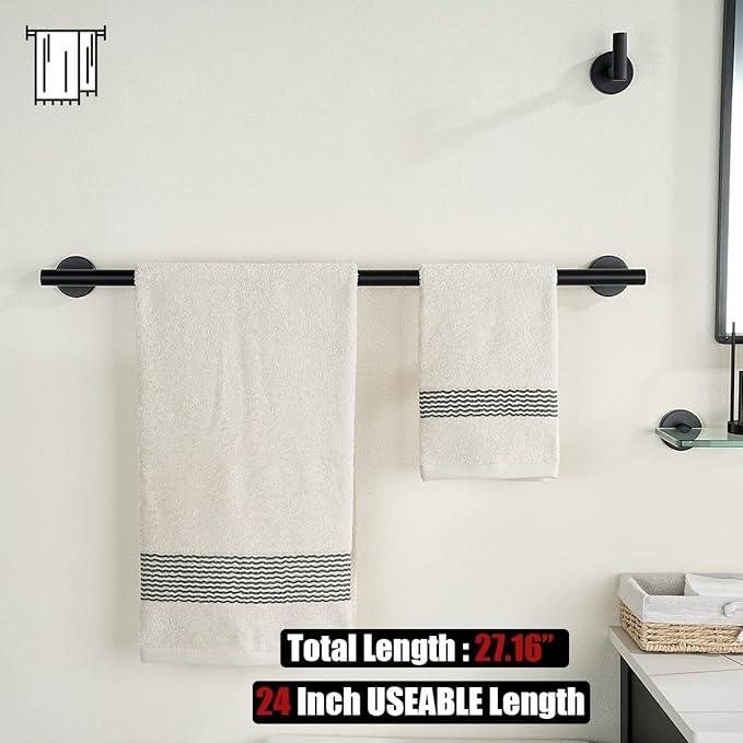 JQK Black Towel Bar, 27 Inch 304 Stainless Steel Thicken 0.8mm Towel Rack Bathroom, Towel Holder Matte Black Wall Mount, Useable Length 24 Inch 2 Pack, TB110L24-PB-P2 - ModernBath