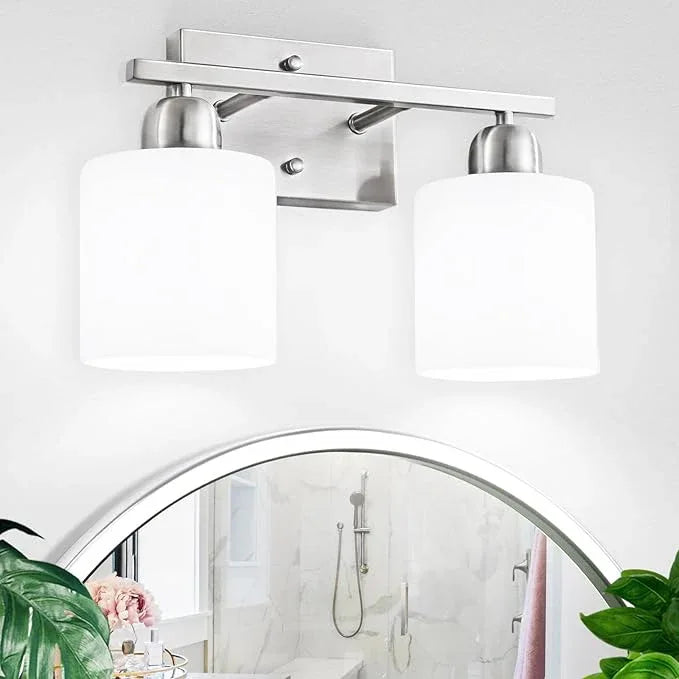 Brushed Nickel Bathroom Light, 2 Light Bathroom Vanity Light Brushed Nickel, Vanity Lamp with Milky White Frosted Glass Shades, E26 Socket - ModernBath
