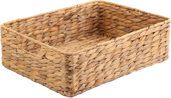 YAHUAN Water Hyacinth Storage Basket, Handwoven, 15.35L x 12W x 4.72H in, Brown - ModernBath