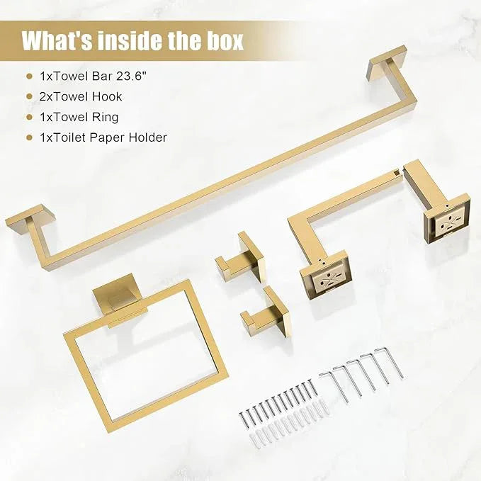 TQKAG Brushed Gold Bathroom Hardware Accessories Set 5 Pieces, Double Post Pivoting Toilet Paper Holder Set Stainless Steel Square Bathroom Towel Bar Holder Set Wall Mounted - ModernBath
