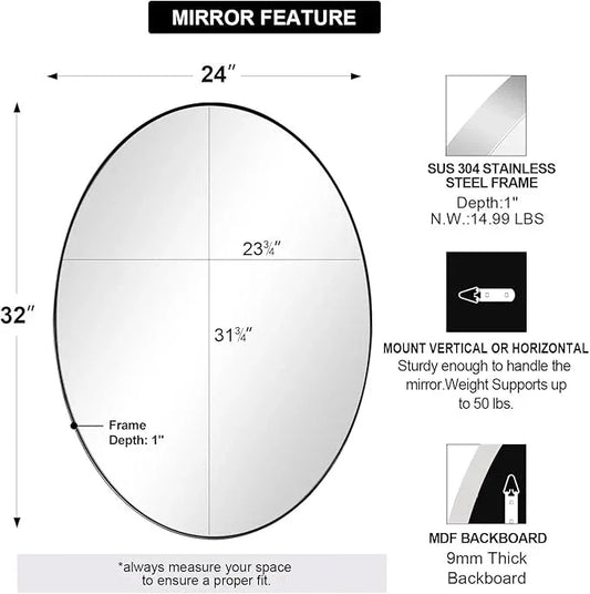 ANDY STAR Chrome Bathroom Mirror, 24x32 Inch Polished Chrome Oval Wall Mirror for Bathroom, Modern Chrome Wall Mirror Pill Shaped Stainless Steel Metal Mirror - ModernBath