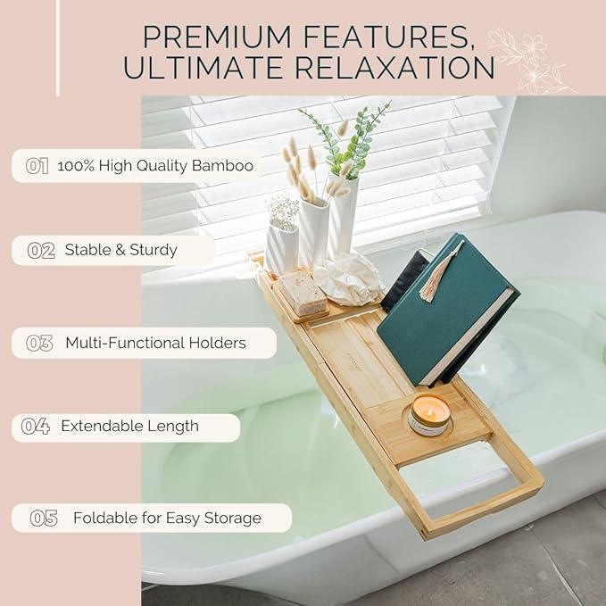 Bath Pillow and Bathtub Tray Set for Tub | Luxurious, Relaxing Home Spa Accessories with Bath Tub Pillows for Head and Neck, Foldable Bath Tray Caddy Organizer | Relaxation Gifts for Women Self Care - ModernBath