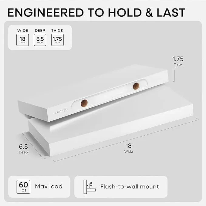 Homeforia White Floating Shelf 18 inch, High End Solid Real Wood 18inch Bathroom Floating Shelves for Wall Mounted, White Wooden 18in Floating Shelves, Heavy Duty Bracket, 18 X 6.5 X 1.75 in, Set of 2 - ModernBath