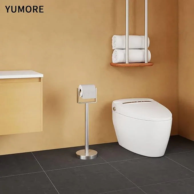 YUMORE Toilet Paper Holder Free Standing, Stainless Steel Toilet Paper Stand, Weighted Base Floor Tissue Roll Holder for Bathroom, Brushed Nickel 200UP - ModernBath