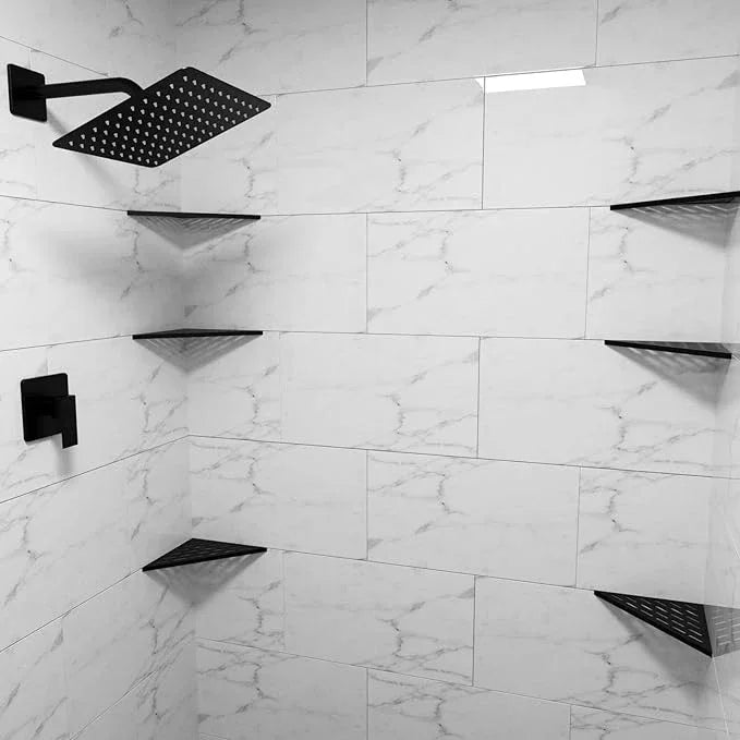 POPFLY 10 Inch Corner Shower Shelf 2 Pack, 304 Stainless Steel Matte Black, No Drilling Recessed Bathroom Shelves for Tiled Wall, Heavy Duty Floating Shower Organizer with Slot Design, PF7501B - ModernBath