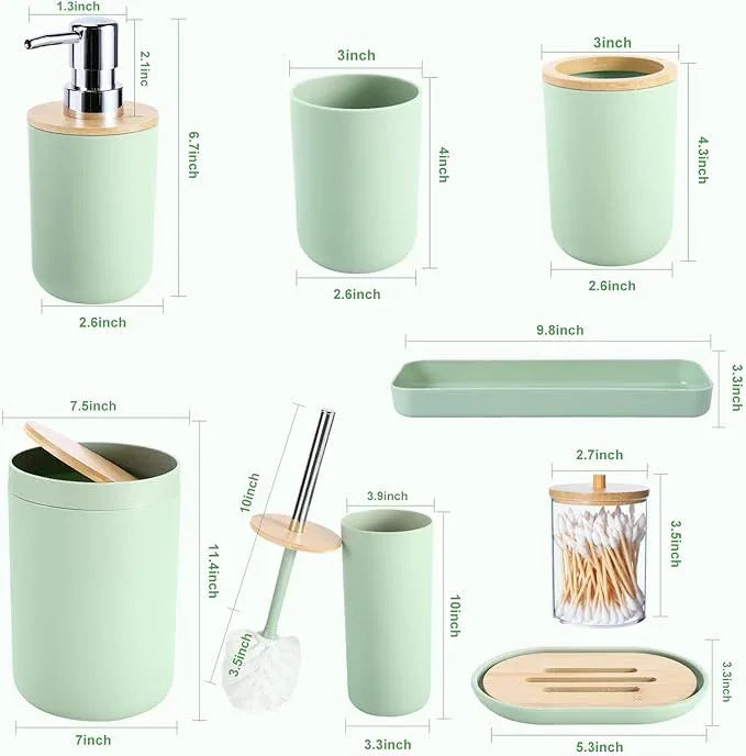 iMucci 9Pcs Pastel Green Bathroom Accessories Set - with Trash Can,Toilet Brush,Toothbrush Holder, Lotion Soap Dispenser, Soap Dish,Toothbrush Cup,Qtip Holder (Bamboo Cover) - ModernBath