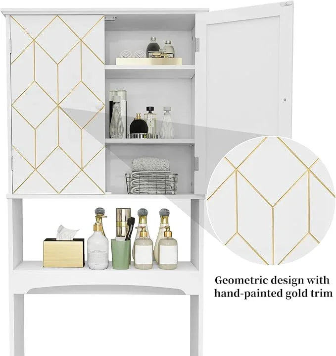 HLR Over The Toilet Storage Cabinet with Gold Trim, Over Toilet Bathroom Organizer with Adjustable Shelves and Toilet Paper Holder, Above Toilet Storage Cabinet Spacesaver for Bathroom(White) - ModernBath