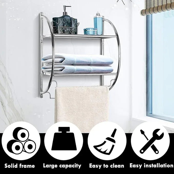 Tangkula Wall Mount 2 Tier Bathroom Shelf with Bars, 18" W X 10" D X 22" H, Home Toilet Double Layer Rustproof Chrome Shelf - ModernBath