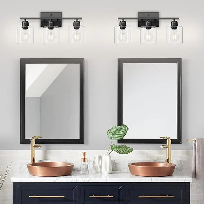 Modern 3 Light Bathroom Light Fixtures, 19 inch Black Vanity Lights For Bathroom With Clear Glass, Bathroom Lighting Fixtures Over Mirror For Mirror Kitchen Living Room Hallway Cabinet Porch - ModernBath