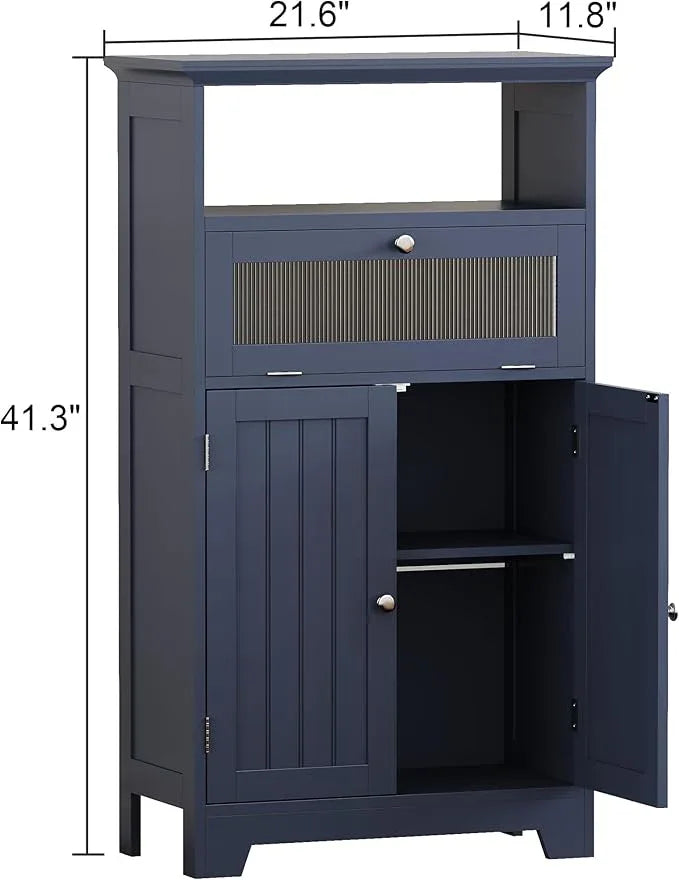 ChooChoo Bathroom Floor Storage Cabinet with Flip Glass Drawer, Freestanding with 2 Doors, Adjustable Shelf & 1 Open Storage for Living Room, Hallway, Navy Blue - ModernBath