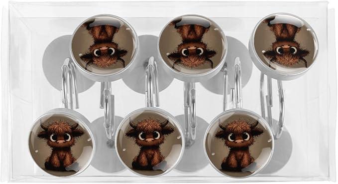 Brown Highland Cow Shower Curtain Hooks Rings, Stainless Steel Rust Proof Shower Curtain Hooks, Decorative Shower Hooks for Bathroom Shower Rods Curtains, Set of 12 - ModernBath