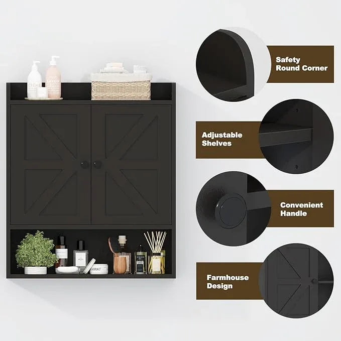 EasyCom 22" W x 26" H Bathroom Wall Cabinet, Farmhouse Medicine Cabinet with Adjustable Shelves and Double Barn Doors, Over The Toilet Storage Cabinet for Bathroom, Kitchen, Living Room, Black - ModernBath