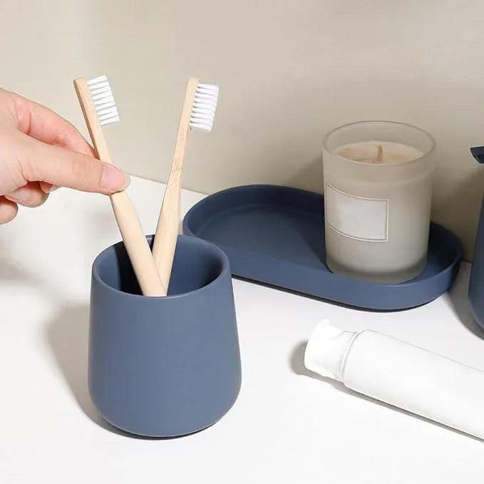INGOFIN 3 Pcs Ceramic Bathroom Accessory Set - Liquid Soap Dispenser, Toothbrush Holder & Tray, Bathroom Counter Set, Countertop Essentials for Home, Guest Bathroom, or Office Use, Matte Blue - ModernBath