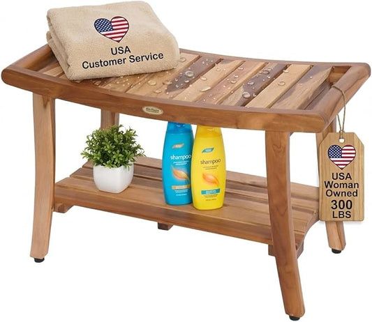 EcoDecors 30 Inch Harmony Natural Color Waterproof Teak Wood Shower Bench Stool Seat Chair For Inside Shower Storage Shelf Provides Safety, Storage, and Organization For Bathroom Accessories