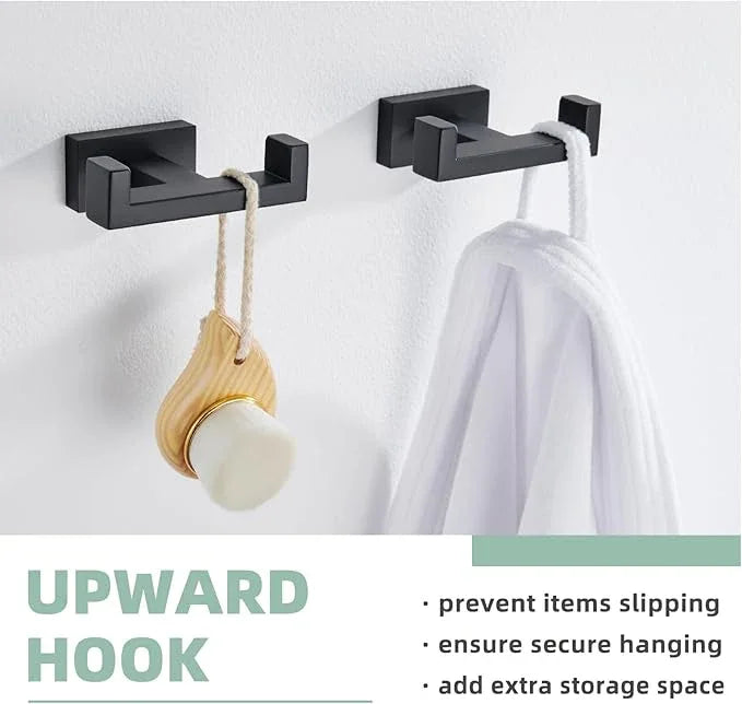 APLusee Double Bath Towel Hook 2 Pack, 304 Stainless Steel Square Dual Coat Holder, Modern Bathroom Kitchen Storage Hanger Wall Mounted, Matte Black - ModernBath