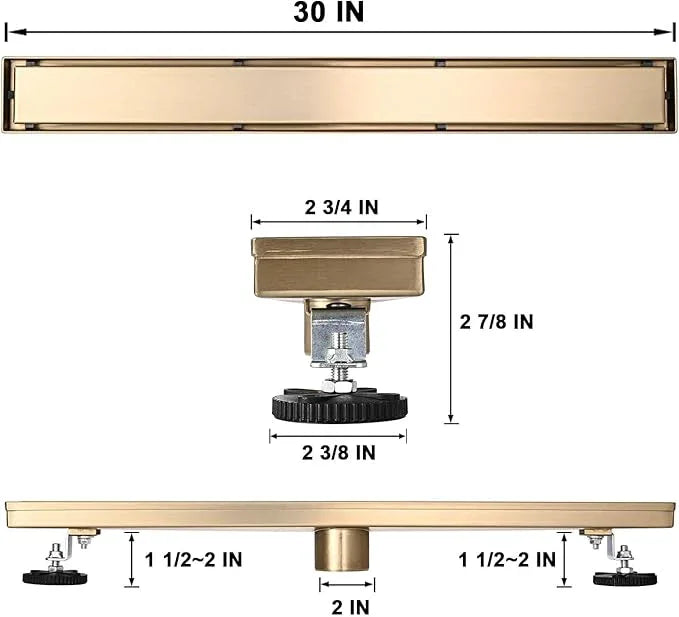 Linear Shower Floor Drain, Brushed Gold 30 Inch 304 Stainless Steel Bathroom Drains Kit, Rectangular Shower Trench Drain with Reversable Tile-in Pattern Drain Cover & Hair Catcher - ModernBath