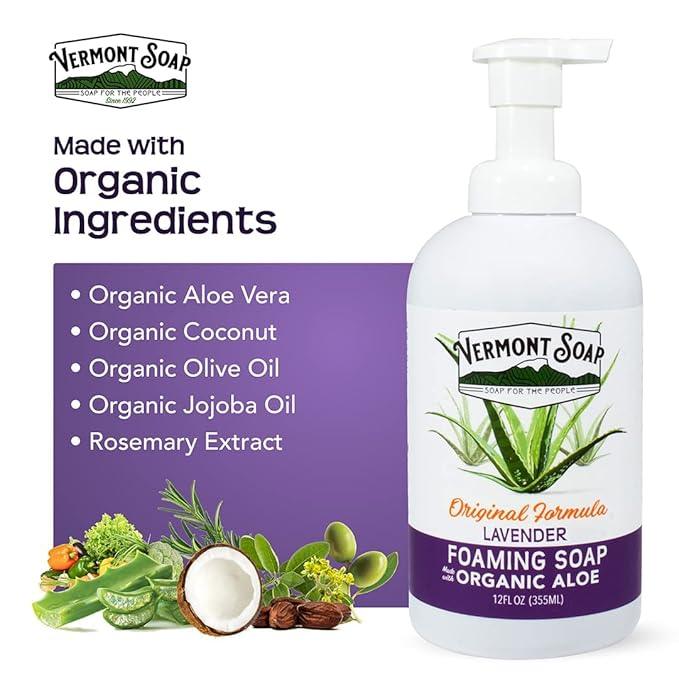 VERMONT SOAP Organic Lavender Foaming Hand Soap - Natural Moisturizing Soap for Dry Skin - Fragrance Free Liquid Bathroom Hand Soap Dispenser - Lavender - 12 oz - ModernBath