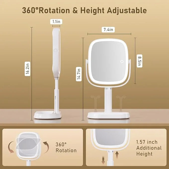 FRANO Vanity Mirror with Lights, Rectangular Lighted Makeup Mirror with 3 Color Lights, 1X/10X Magnification, Adjustable Height, 360° Rotation, 4000mAh Rechargeable for Desk, Gifts for Women - ModernBath