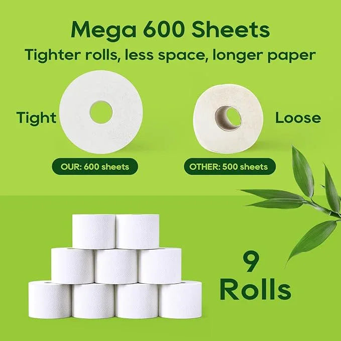 ECOLipak Bamboo Toilet Paper, Septic Safe Toilet Tissue, 9 Mega Rolls, 600 Sheets Per Roll, Tree Free, Non Toxic, 2 Ply, Soft and Absorbent, Eco Friendly Dye-Free Paper - ModernBath