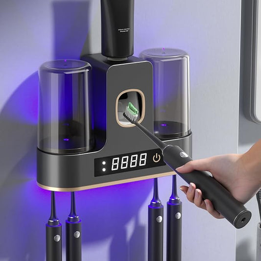 POPZJXDM Electric Toothbrush Holders for Bathrooms, Dustproof Smart Toothbrush Holder Wall Mounted - 4 Brush/2 Cup, Auto Toothpaste Dispenser, Hot Air Drying & LCD Display,Toothbrush Cleaner (Gray)