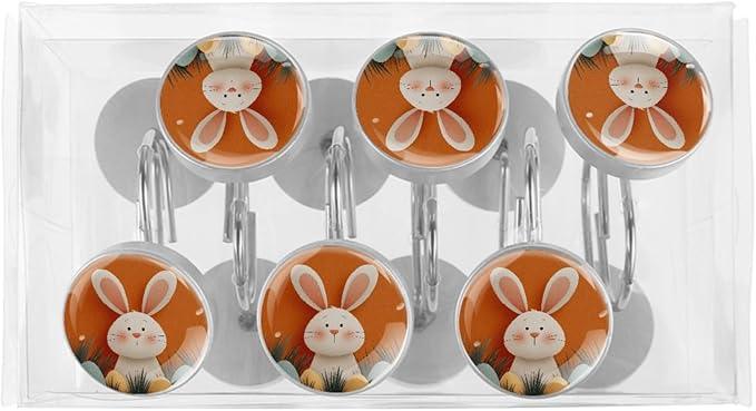 Easter Bunny Crystal Glass Shower Curtain Hooks for Bathroom Shower Rod, 12Pcs Round Home Decorative Shower Curtain Rings, Orange Bathroom Bedroom Living Room Accessories - ModernBath