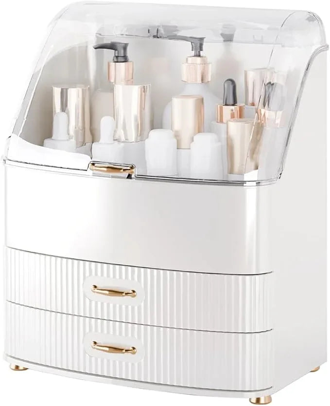 Plukers Makeup Organizer Countertop Vanity with Transparent Lid Drawers Waterproof Dustproof Cosmetic Skincare Bathroom Storage Gift for Women Teens Girls (Whtie) - ModernBath