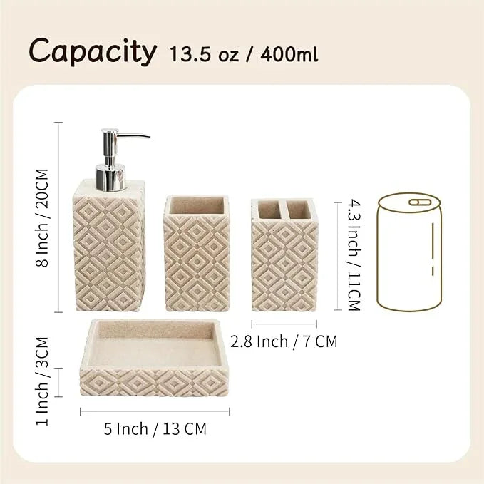 SEICASAYA 4-Piece Bathroom Accessory Set – Modern Resin & Sandstone Vanity Organizer, Vintage Texture Lotion Dispenser, Toothbrush Holder, Tumbler, Soap Dish (Beige) - ModernBath