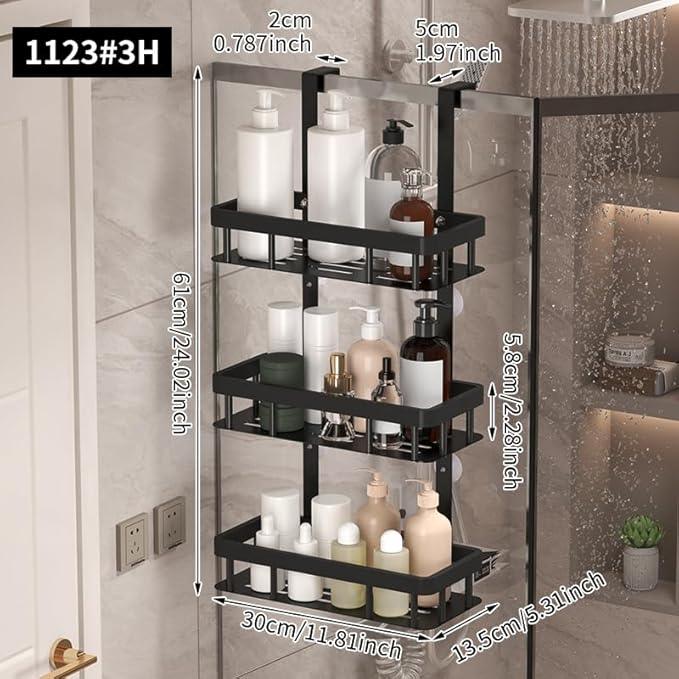 3-Tier Over Door Shower Caddy, Black Metal Bathroom Storage Rack, 11.81x5.31 Inch Shelves, Rustproof Organizer, Modern Style, No Drilling Required, for Toiletry Storage - ModernBath