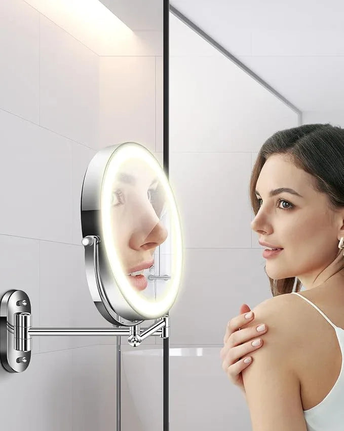 vpu 9" Wall Mounted Makeup Mirror with Light, 20X/1X Height Adjustable Double Sided Magnifying Bathroom Lighted Mirror, 3 Color Touch Dimmable Extended Arm 360 Rotation Light up Magnification Mirrors - ModernBath