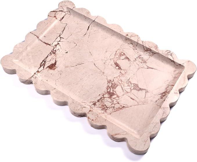 Yew & Tulip Natural Marble Vanity Tray with Scalloped Rim, Nature Rose Pink Luxury Stone Serving Tray for Bathroom, Kitchen, Vanity, Home Decor, Wedding etc. (12"x 8" x 0.6") - ModernBath