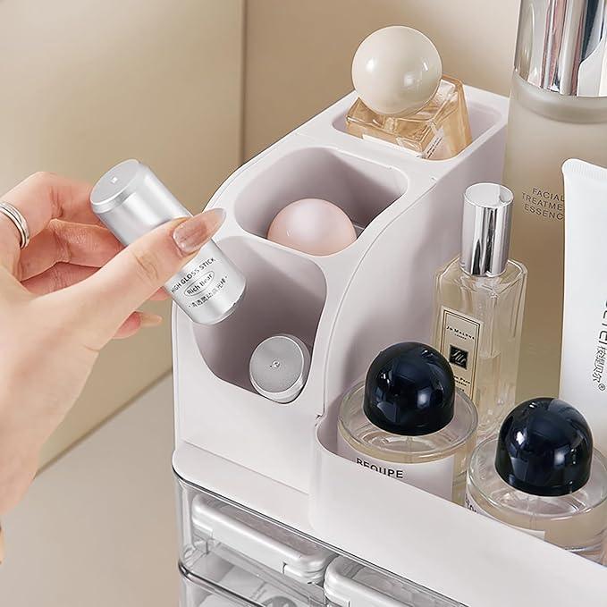 Makeup Organizer with Drawers for Vanity,Bathroom Countertop Organizer with Brushes Holder,Skincare Storage Organizer,Perfect Cosmetic Display Case for Skincare,Lipstick and Beauty Essential (White) - ModernBath