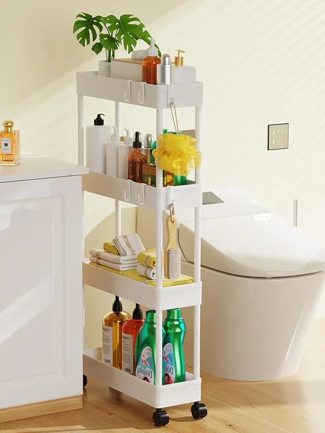 LEHOM 5.1" Slim Storage Cart - 4 Tiers Bathroom Organizer Mobile Shelving Unit Storage Rolling Utility Cart Slide Out Organizer for Kitchen Bathroom Laundry Narrow Places, White - ModernBath
