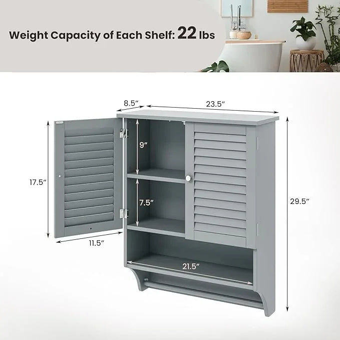 Tangkula Wall Mounted Bathroom Cabinet with Open Shelf & Bar, Medicine Cabinet with Double Louvered Doors, Wall Storage Cabinet with Adjustable Shelf, for Bathroom Living Room Kitchen (Grey) - ModernBath