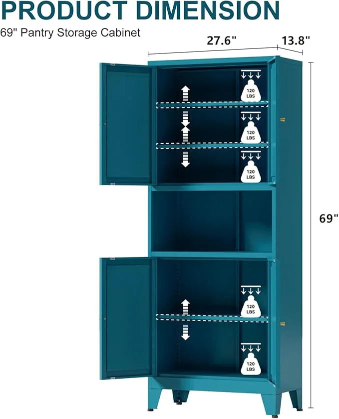 Metal Kitchen Pantry Cabinet, 69" Tall Storage Cabinet with 4 Doors and 3 Adjustable Shelves, Freestanding Cupboards for Dining Room, Living Room, Bathroom (Blue, 69" H) - ModernBath
