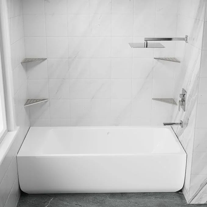POPFLY 10" Silver Stainless Steel Corner Shower Shelf 2PCS, 304 SS Recessed Bathroom Shelves for Tile Walls, No Drilling Needed, Floating Shower Caddy with Drainage Slots, PF7501L - ModernBath