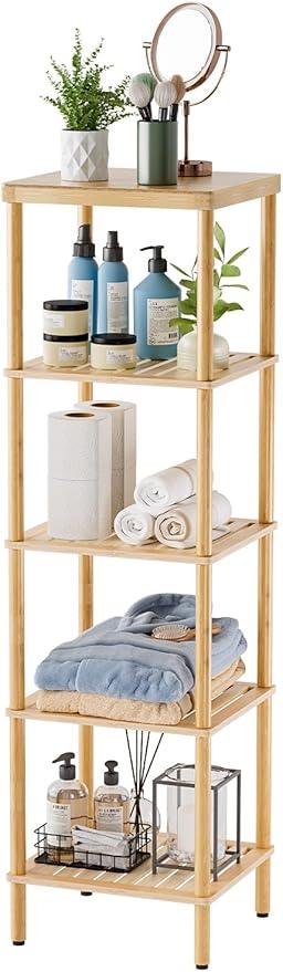 AmazerBath 5-Tier Bamboo Bathroom Shelf, Bathroom Standing Shelves, Multifunctional Shelving Unit for Living Room Bedroom Kitchen, Natural Color - ModernBath