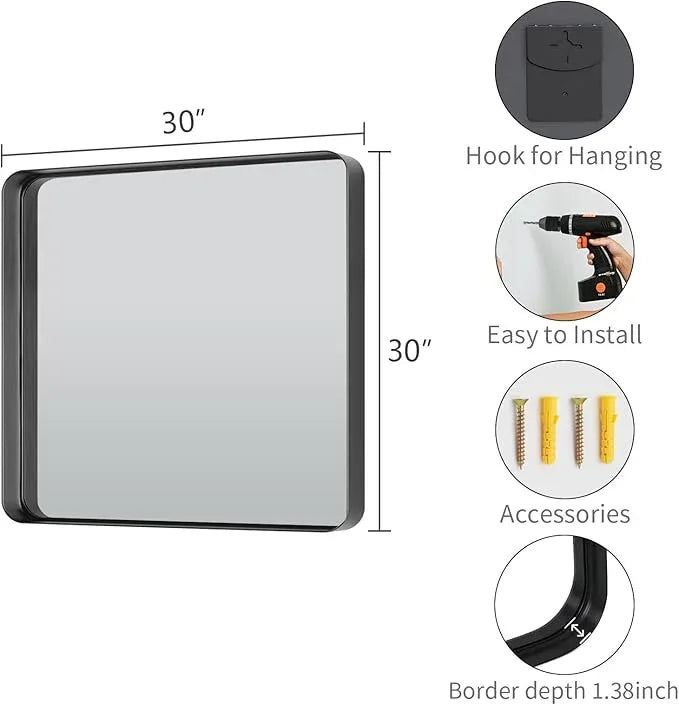 Koonmi Black Wall Mirror for Bathroom, 30x30 Inch Matte Deep Framed Rounded Rectangle Vanity Mirror for Farmhouse Living Room, Tempered Glass, Anti-Rust, Vertically or Horizontally - ModernBath