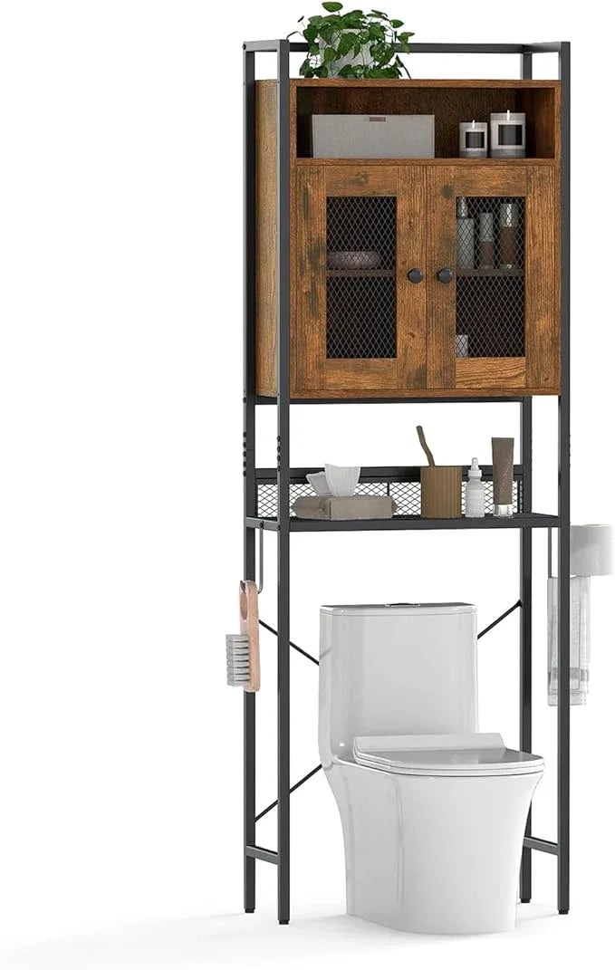 Tangkula Over The Toilet Storage Cabinet, 5-Tier Space Saver Above Toilet with 2 Mesh Doors, Metal Stand, Toilet Paper Holder & Hook, Freestanding Bathroom Cabinet Organizer for Laundry, Rustic Brown - ModernBath