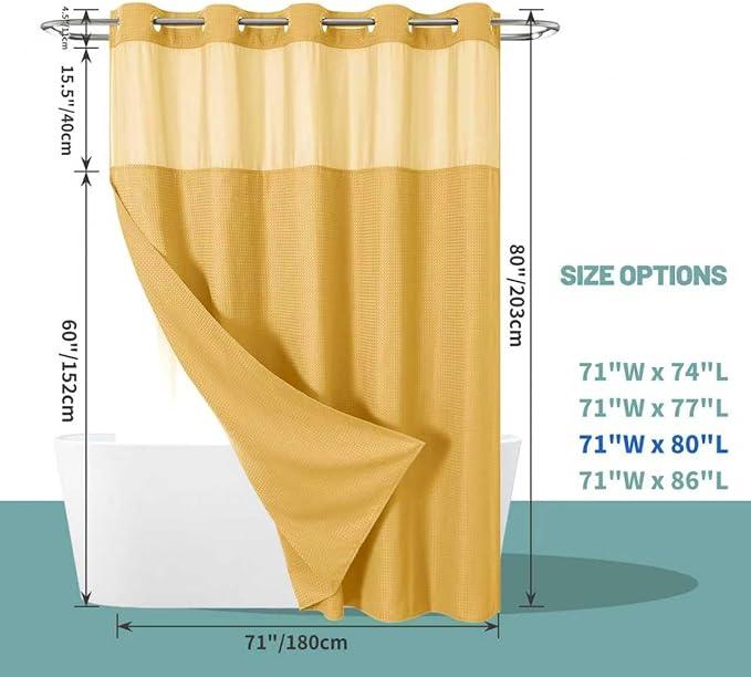 eachope Gold No Hook Waffle Weave Shower Curtain with snap-in Liner Replacement, 230GSM Waterproof Fabric Hotel Shower Curtain Set for Bathroom, Through Mesh Top Window,71Wx80H - ModernBath